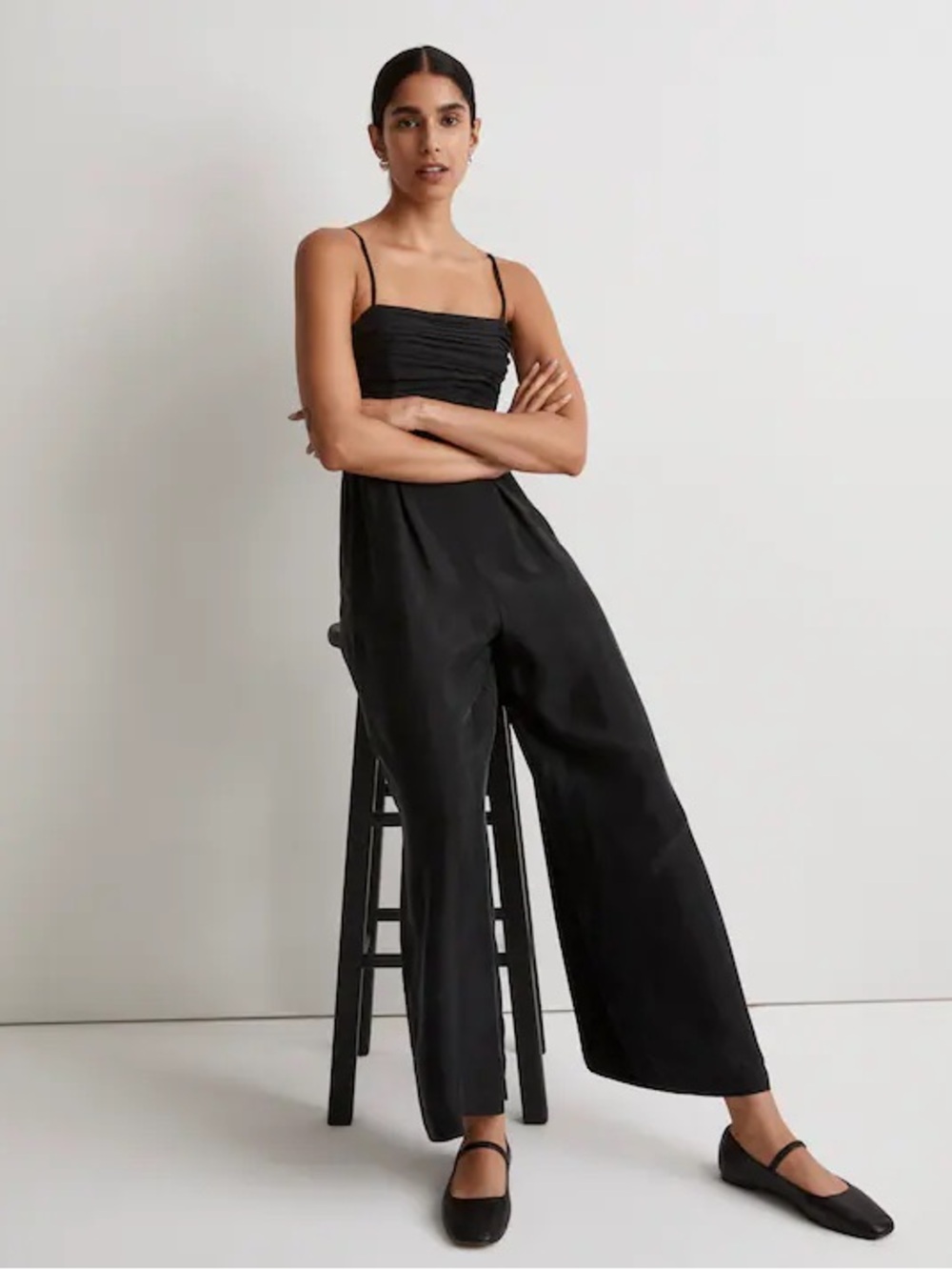 Madewell Size 0 Black Ruched Crop Straight-Leg Jumpsuit